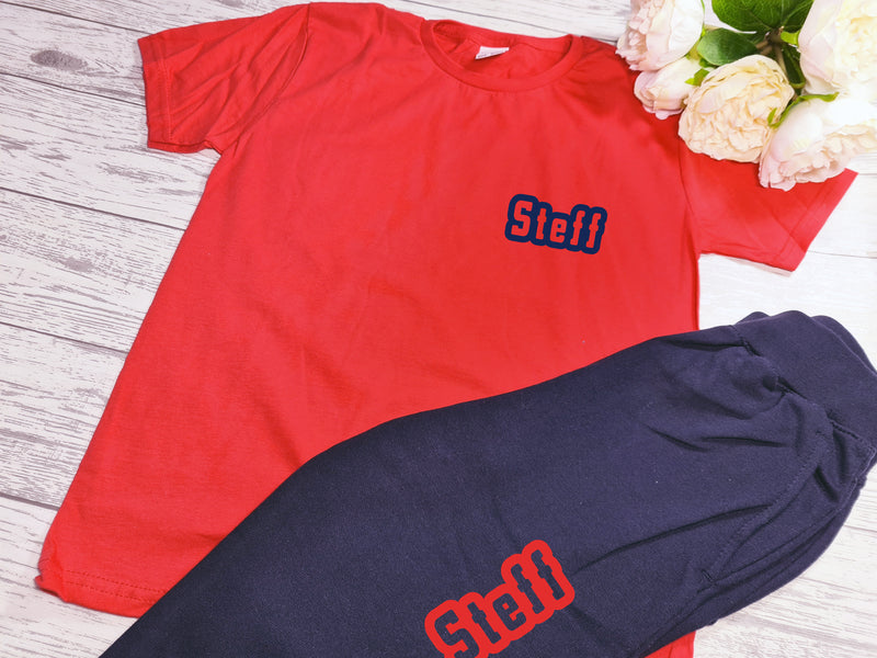 Personalised Welsh KIDS loungewear set RED t-shirt and navy joggers with name detail