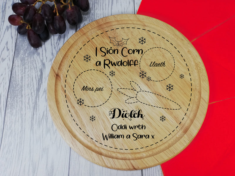 Personalised Engraved Wooden Round Welsh Santa's treat board Sion corn Nadolig Any Name