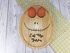 Personalised Engraved Scary face Wooden Egg Shaped breakfast board Any Name