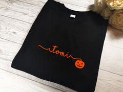 Personalised BLACK Baby & Kids Halloween pumpkin NAME t-shirt