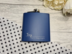 Personalised Stag night NAME Engraved Navy or Black stainless steel hip flask 6oz  Any name