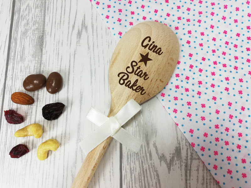 Personalised Engraved Star Baker Wooden Spoon Any name with or without ribbon