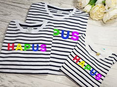 Personalised family welsh UNISEX adults kids and baby rainbow HAPUS or CARIAD Navy stripy T-shirt