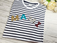 Personalised UNISEX Mum / Dad Navy stripy multi Leopard print T-shirt Any NAME