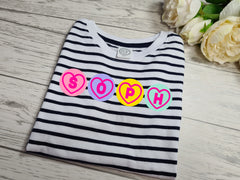 Personalised family welsh UNISEX adults kids and baby love sweets any NAME Navy stripy T-shirt