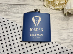 Personalised Engraved Navy or black stainless steel hip flask 6oz Wedding SUIT gift groomsman best man