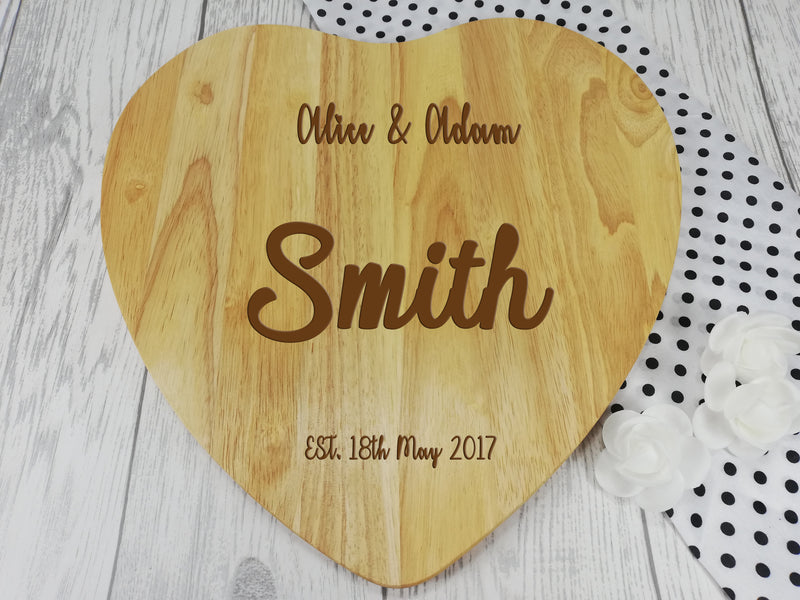 Personalised Engraved Wooden Heart Chopping board Wedding Gift Any Name Date