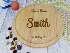 Personalised Engraved Wooden Round Chopping board Wedding Gift Any Name Date