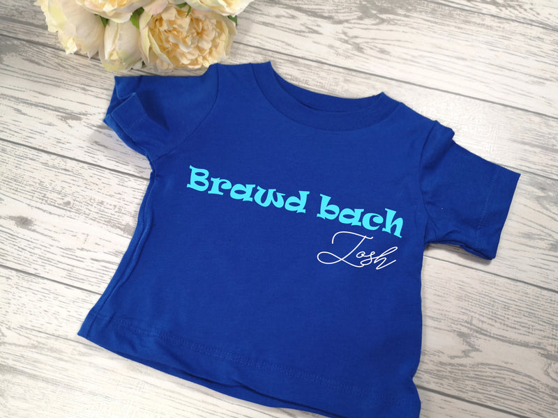 Personalised Royal blue Welsh Brawd bach Baby t-shirt with name detail