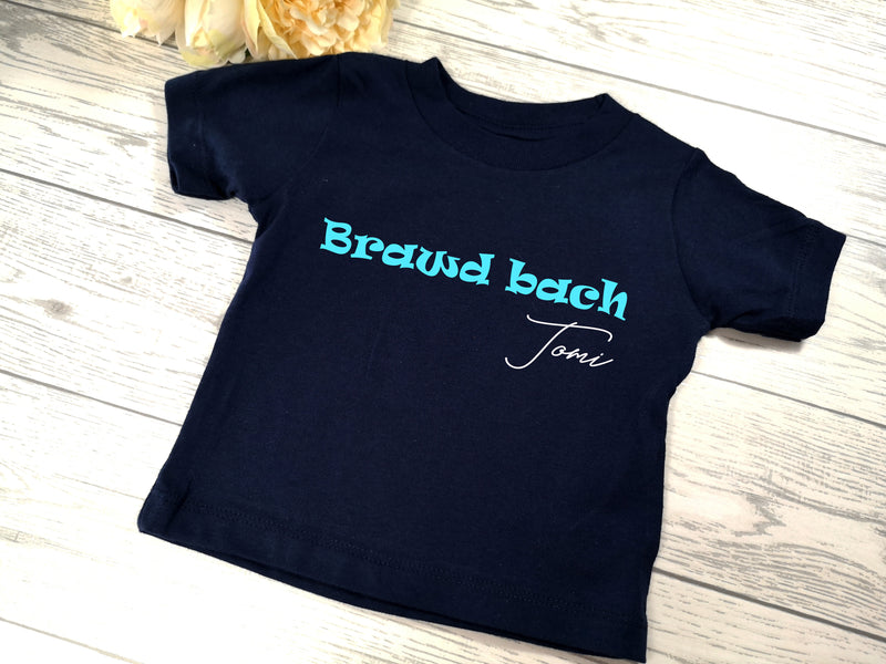 Personalised Navy Welsh Brawd bach Baby t-shirt with name detail