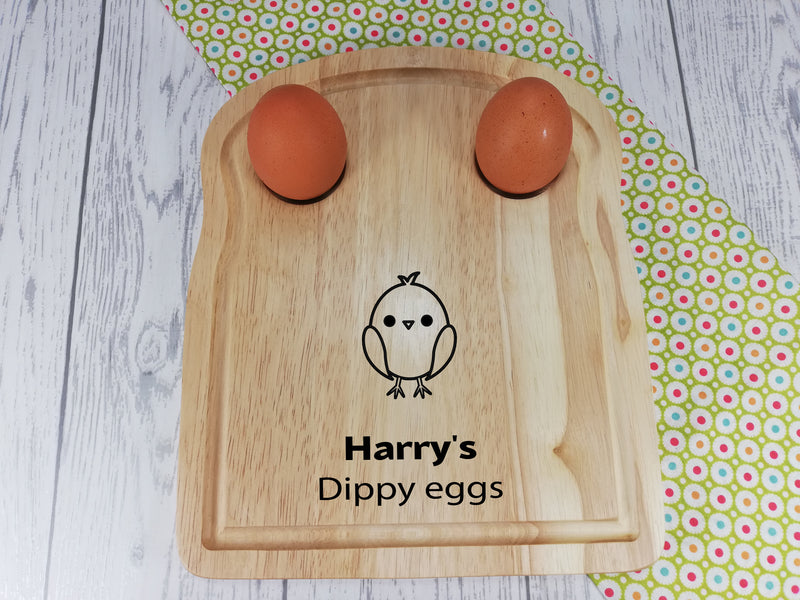 Personalised Engraved chick dippy eggs Wooden Toast Shaped egg breakfast board Any Name