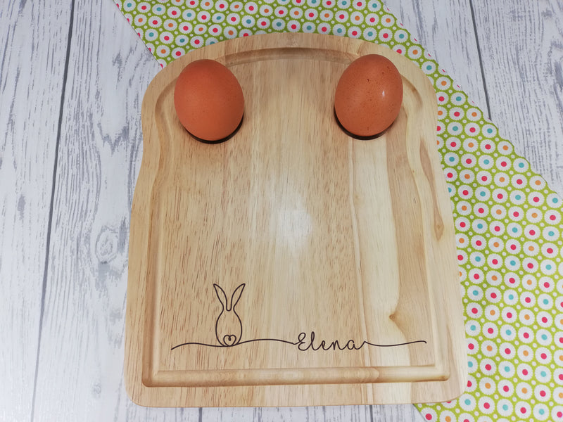 Personalised Engraved cute bunny line Wooden Toast Shaped egg breakfast board Any Name