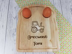 Personalised Engraved Welsh Tractor Wooden Toast Shaped egg breakfast board Any Name
