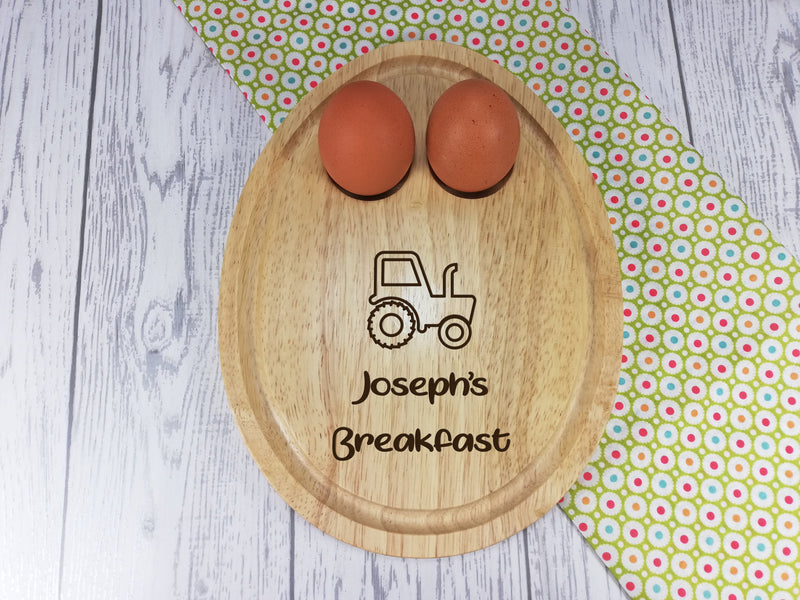 Personalised Engraved Tractor Wooden Egg Shaped breakfast board Any Name