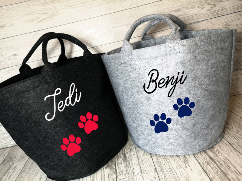 Personalised Grey Small or large Felt Dog Pet storage trug bag with 2 Paw print