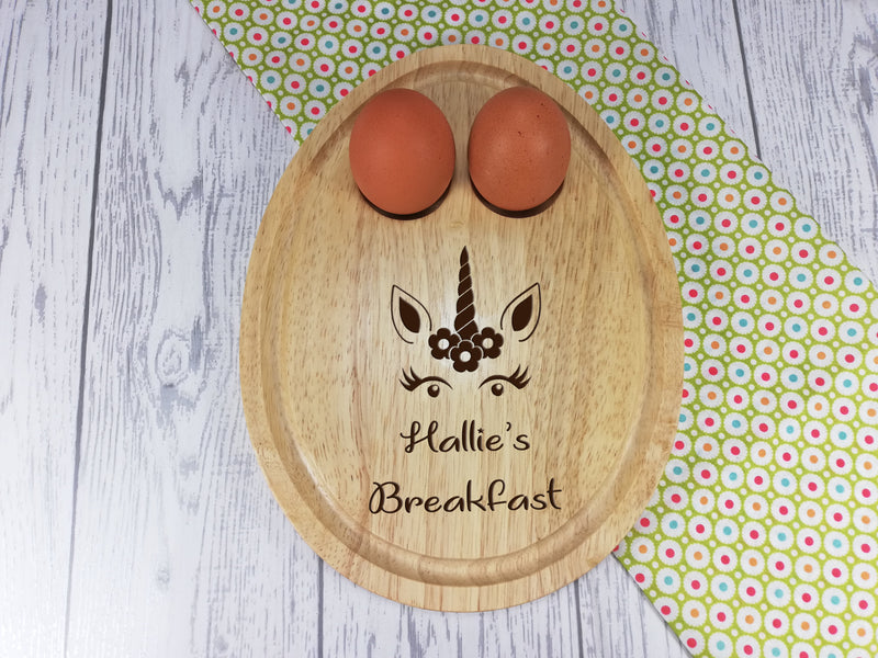 Personalised Engraved Unicorn Wooden Egg Shaped breakfast board Any Name
