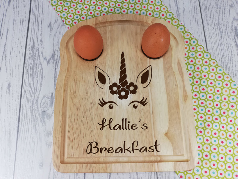 Personalised Engraved Unicorn Wooden Toast Shaped egg breakfast board Any Name