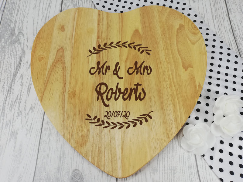 Personalised Engraved Wooden Heart leaf Chopping board Wedding Gift Any Name Date