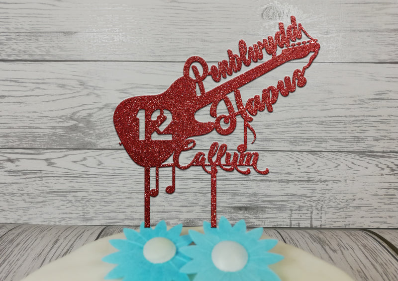 Personalised wooden birthday Welsh Music Guitar cake topper Any name