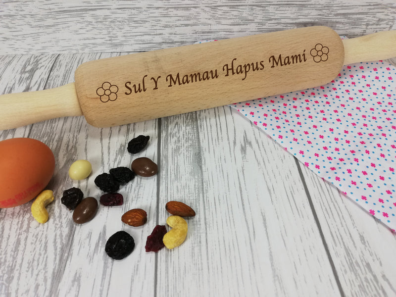 Personalised Engraved wooden Welsh Mother's day Sul y Mamau Flower Rolling Pin Any name