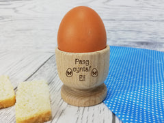 Personalised Engraved Wooden Welsh Pasg Cyntaf Egg Cup Gift