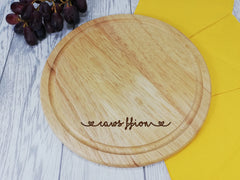 Personalised Engraved Wooden Round Chopping board Welsh Caws cheese Any Name