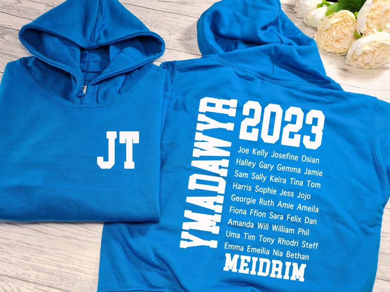 Personalised Kids/Adults welsh LEAVERS Ymadawyr hoodie with NAMES list SCHOOL and YEAR detail