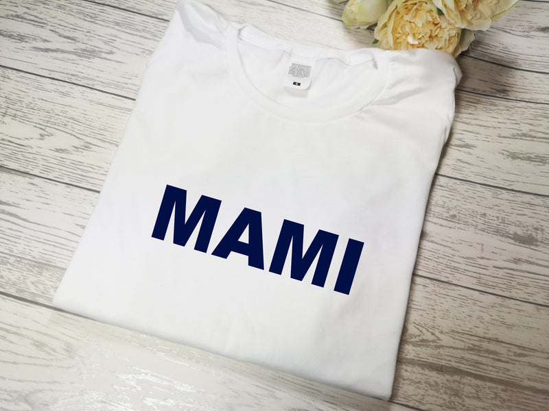 Personalised Women's White t-shirt Bold Mummy / Mami /Nanna with choice of colour detail