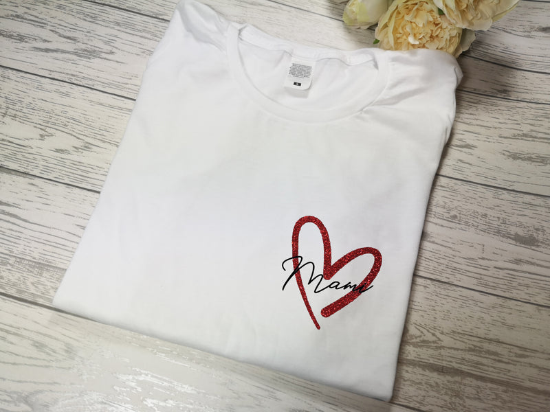 Personalised Women's White t-shirt with glitter heart and Name