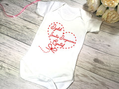 Custom WELSH White Baby vest suit with Dydd Santes Dwynwen heart detail