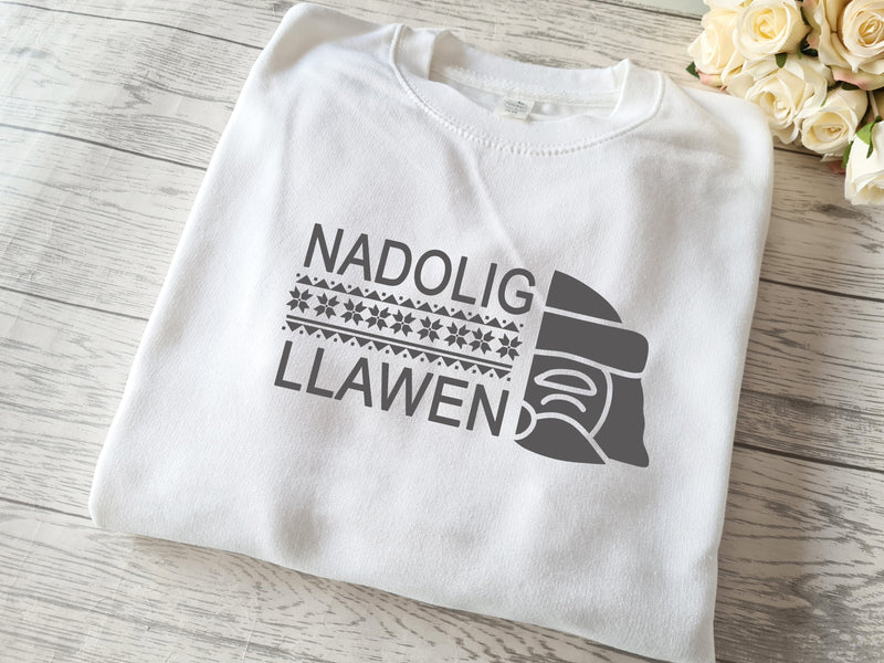 Custom Unisex WHITE Nadolig llawen santa Christmas jumper  in a choice of detail colour