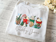 Custom Unisex Welsh WHITE Nadolig Llawen Christmas drinks jumper coffee hot chocolate latte Coffi