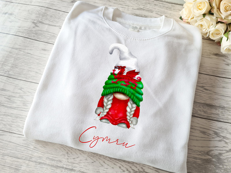 Custom Unisex WELSH WHITE CYMRU jumper boy or girl gonk gnome rugby