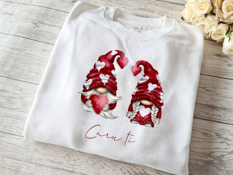 Personalised Unisex WELSH WHITE Valentines jumper heart gonks gnomes with any wording