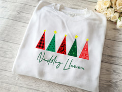 Custom Unisex WHITE welsh NADOLIG LLAWEN patterned christmas trees Christmas jumper