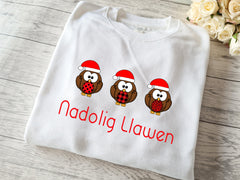 Custom Unisex WELSH WHITE christmas Robins Christmas jumper with Nadolig llawen detail