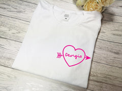 Personalised Women's WHITE t-shirt LOVE heart NAME detail in a choice of colours