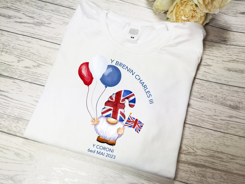 Custom Baby & Kids WELSH white t-shirt with KING Charles coronation Y coroni GONK detail
