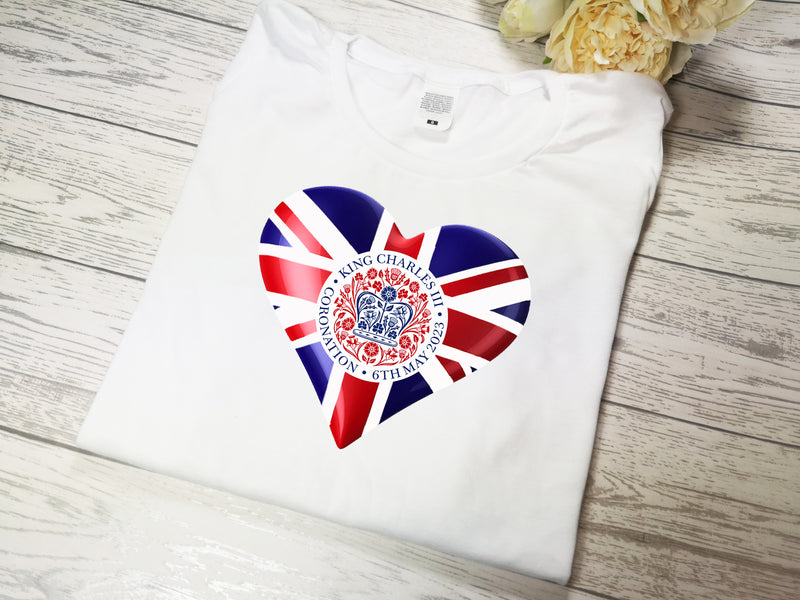 Custom womens/mens white t-shirt with KING Charles coronation heart flag detail