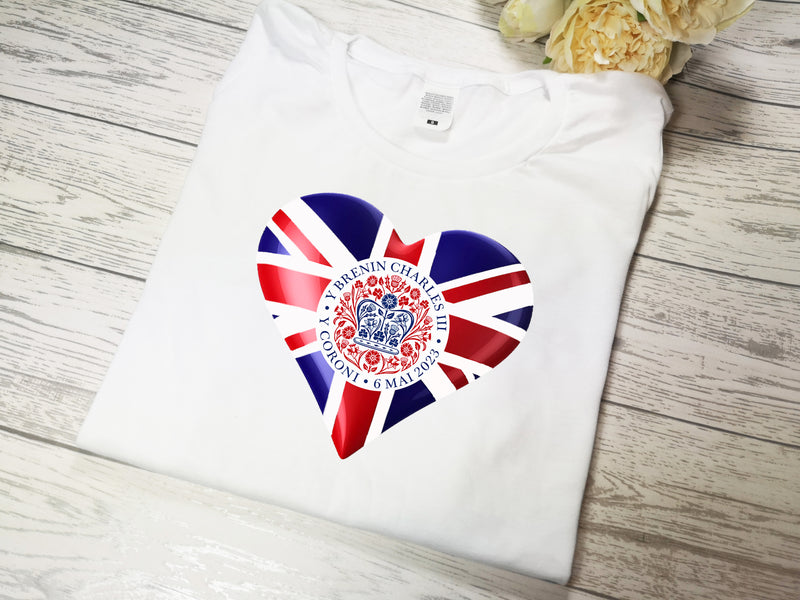 Custom womens/mens WELSH white t-shirt with KING Charles coronation Y CORONI heart flag detail