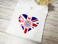 Custom womens/mens WELSH white t-shirt with KING Charles coronation Y CORONI heart flag detail