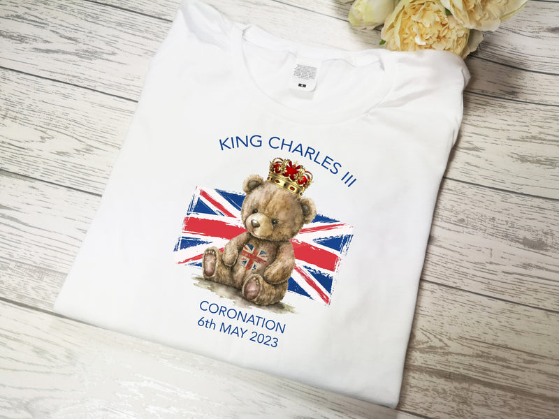 Custom Baby & Kids white t-shirt with KING Charles coronation TEDDY detail