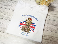 Custom Baby & Kids WELSH white t-shirt with KING Charles coronation Y coroni  TEDDY detail