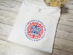 Custom womens/mens WELSH white t-shirt with KING Charles coronation Y coroni Crown detail