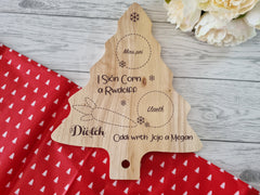 Personalised Engraved Wooden Christmas TREE Welsh Santa's treat board Nadolig Sion corn Any Name